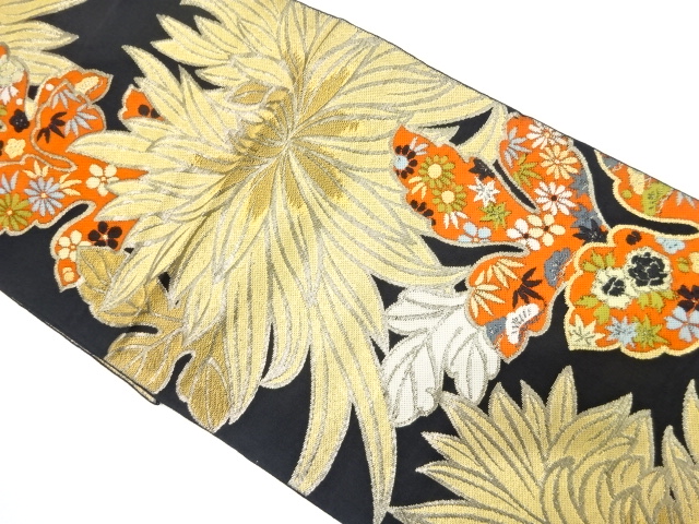 JAPANESE KIMONO / ANTIQUE FUKURO OBI / WOVEN KIKU
